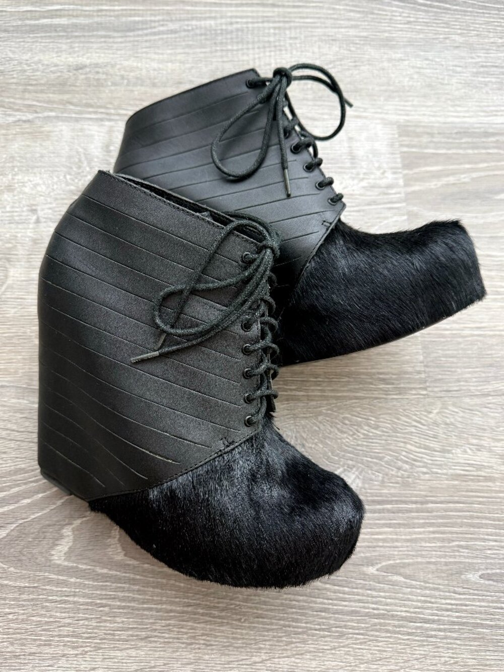 Matiko Black Leather and Pony Bootie Platform Wedges